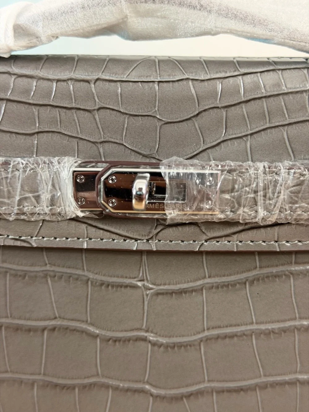 H Kelly Pochette gray matte embossed crocodile alligator leather Gris Ciment PHW
